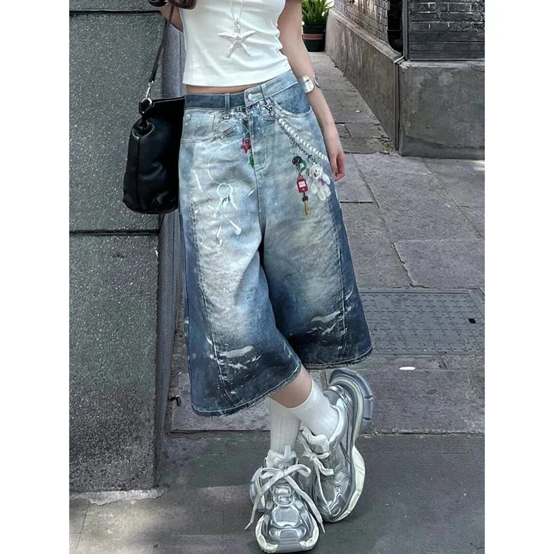 Vintage Graffiti Print Baggy Cargo Jeans Vrouwen Zomer Harajuku Blauw Y2k Denim Broek Japanse jaren 2000 Oversize Jean Broek