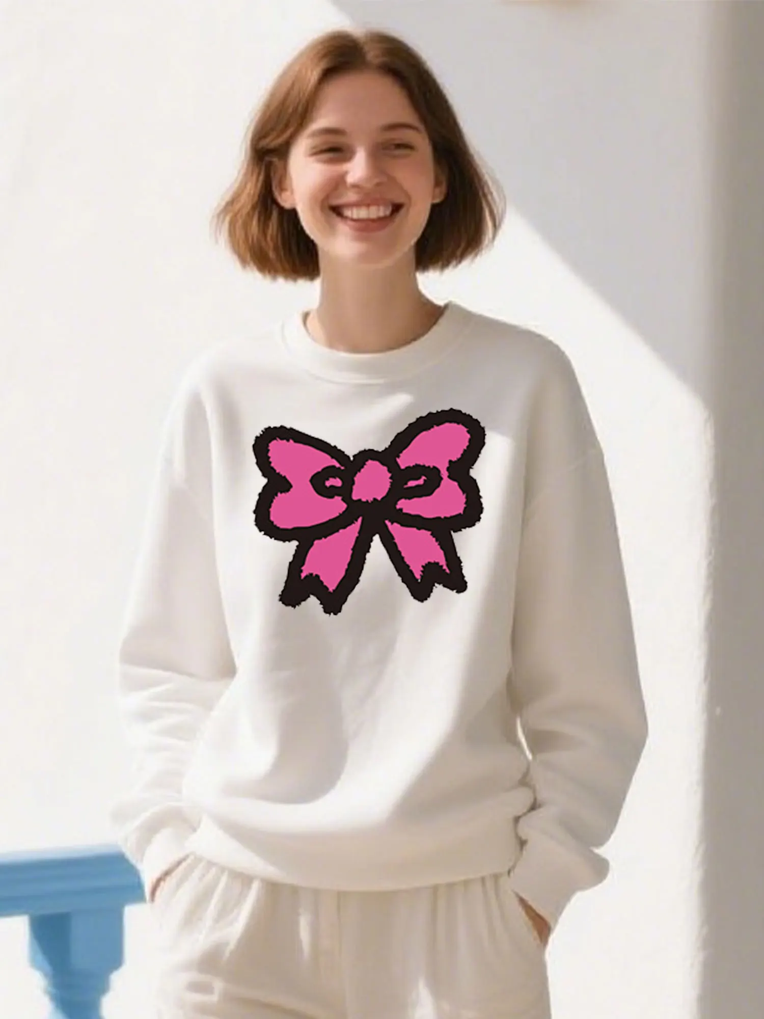 

Big Pink Bowknot Print Soft Cotton Hoodie, Unisex Casual Pullover For Christmas