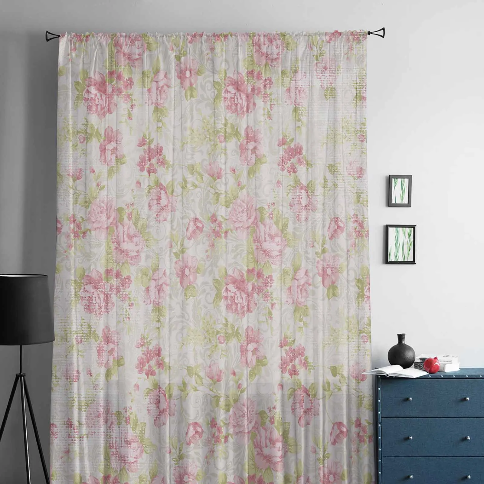 Flower Illustration Camellia Retro Sheer Curtains for Living Room Transparent Tulle Window Curtain Bedroom Chiffon Voile Drapes