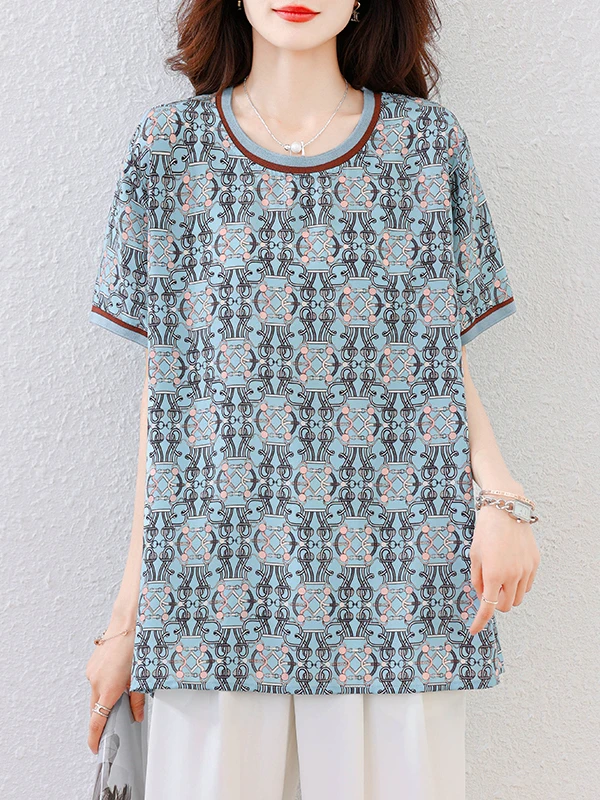 Faionable ample rond Ne ort Sve T-shirt femme haut décontracté imprimé coupe confortable été nouveauté européen Sle