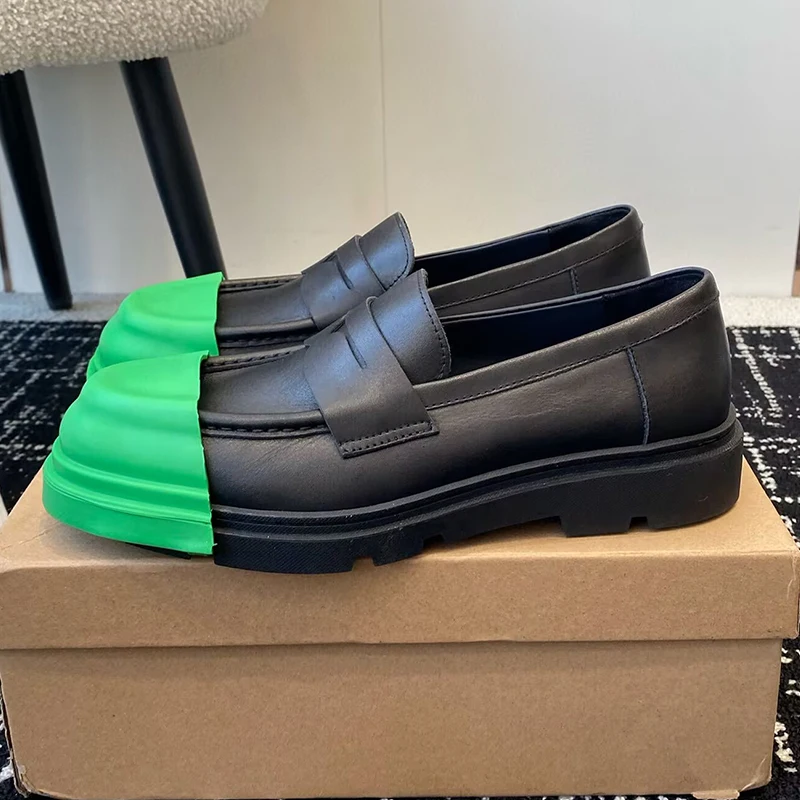 Lazy Loafers Round Toe Shallow Mouth Genuine Leather Mixed Colors Flat Shoes Four Seasons British Style Single Shoes Unisex