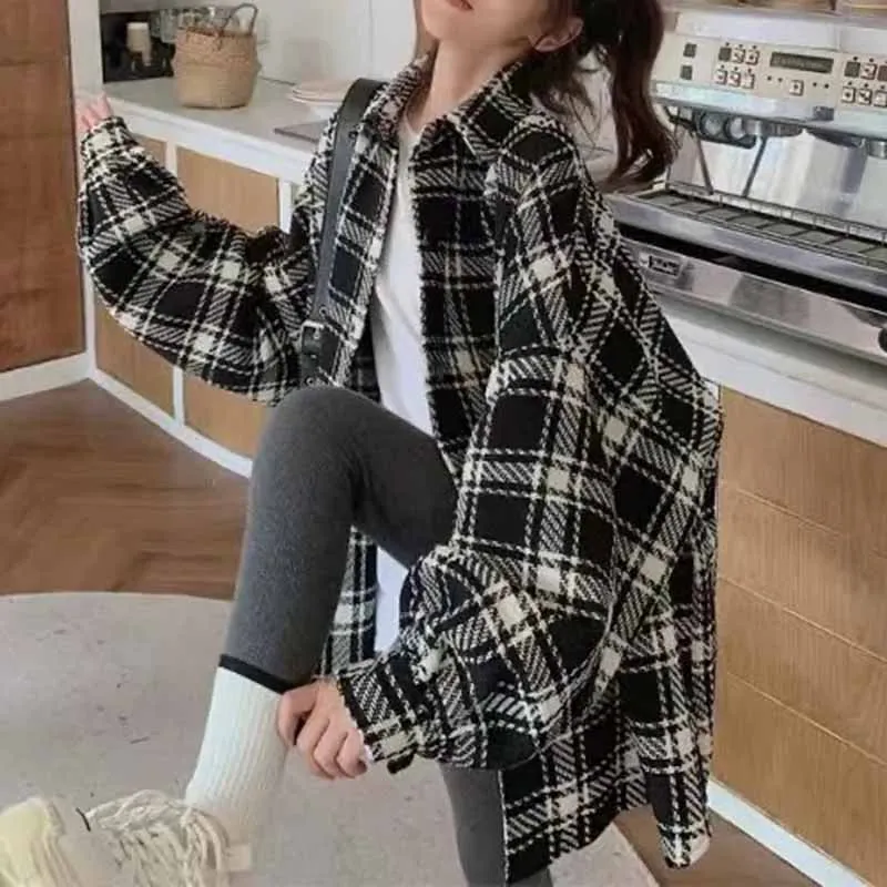 Women Woolen Woolen Fabric Trendy Loose Fitting Lattice Shirt Coat Female Autumn And Winter New Lazy Wind Lengthening Shirt Tops