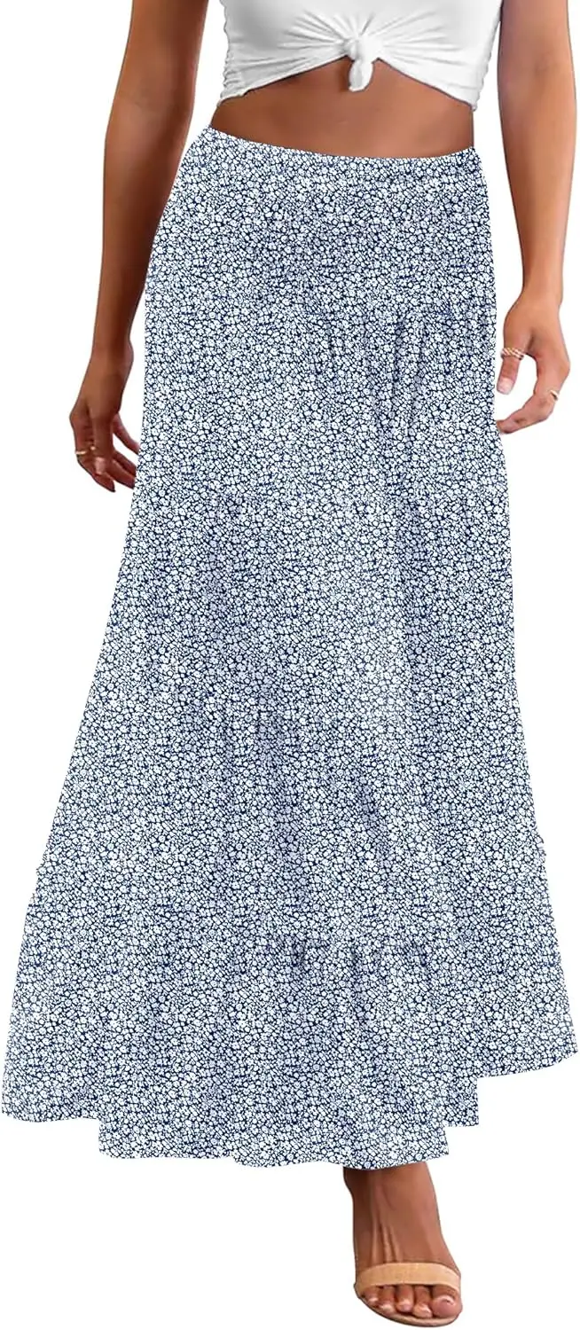 

Luxy Trio Women's Long Maxi Skirts Tiered Elastic High Waist Boho Print A-Line Casual Midi Dress