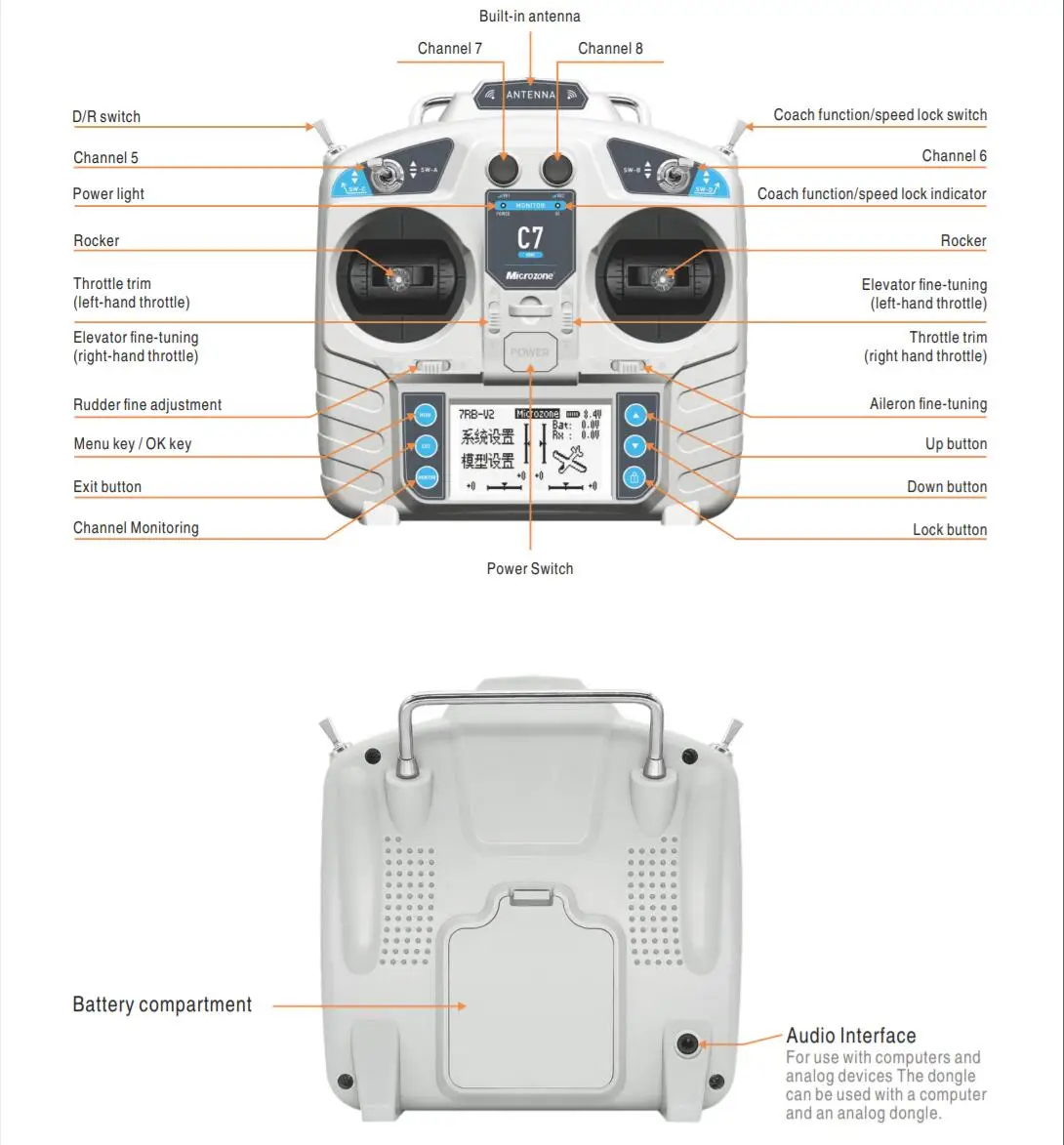 MicroZone MC7 C7 MINI 2.4G nadajnik kontrolera z odbiornikiem MC8RE System radiowy do samolotu RC Drone wielowirnikowego śmigłowca