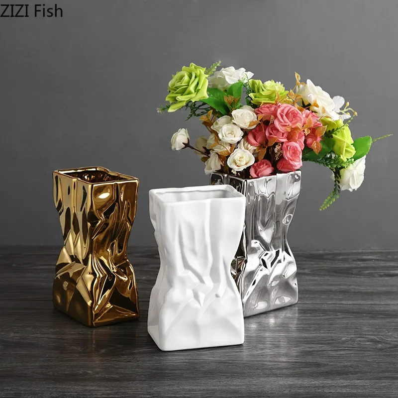 Creative Folded Bag Shape Ceramic Vase Wrinkle Flower Pots Desk Decoration Flowers Arrangement Floral Vases Room Aesthetic Decor