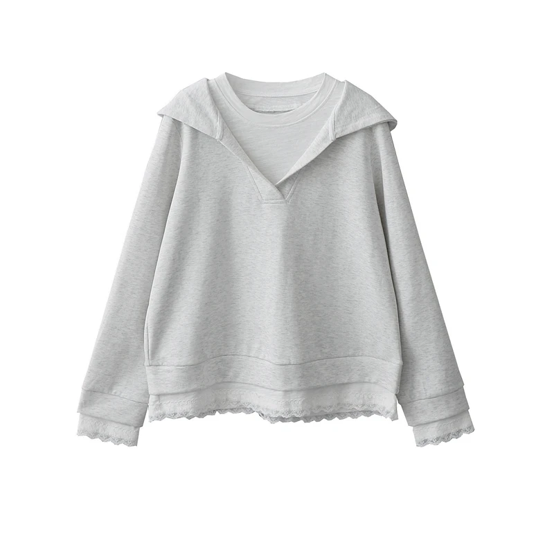 American Layered Large V-neck Hooded Pullovers Sweatshirts Women's Spliced Lace Edges Casual Loose Versatile Fake Two-piece Tops