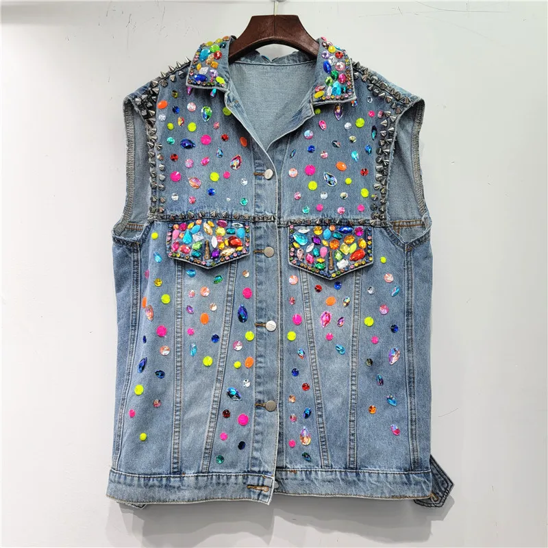 Spring Autumn Manual Beaded Diamonds Rivet Denim Vest Women Casual Loose Turndown Collar Sleeveless Cowboy Coat Female Waistcoat