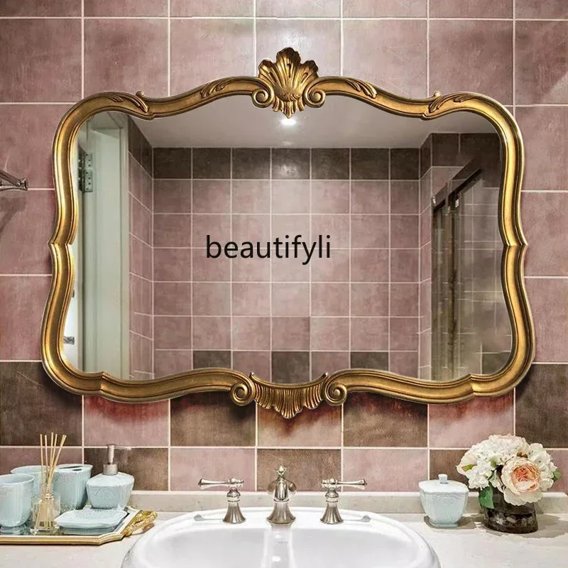 European retro carved makeup mirror bathroom large wash mirror bathroom wall hanging personalized dressing mirrorHY