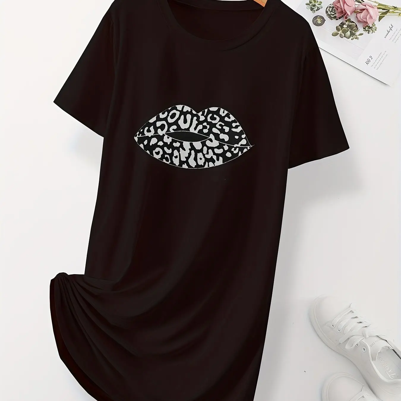 Sexy Lips Print Women\'s Home Nightgown Plus Size High Stretch Dress Loose Halter Street Sexy Dresses