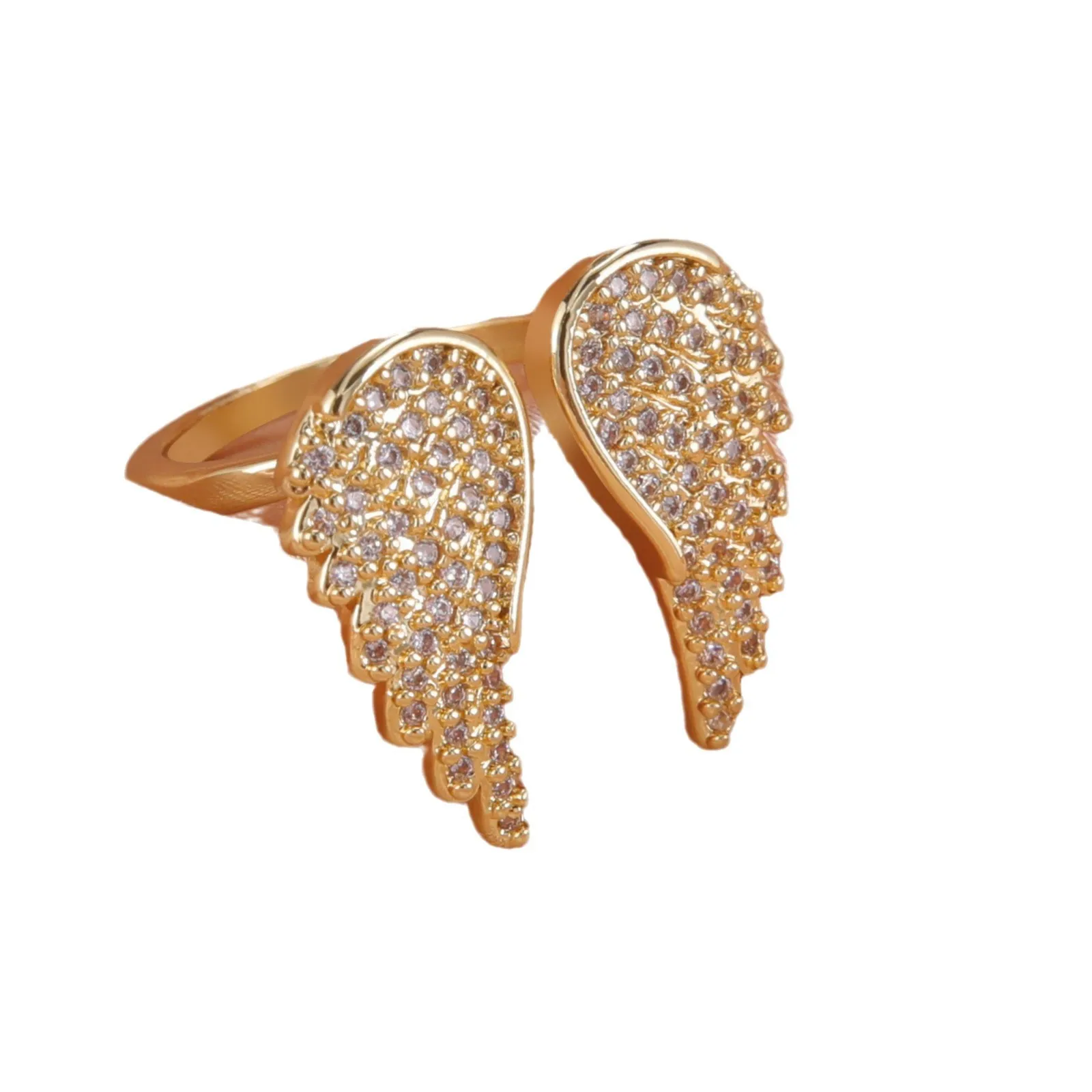 Ein Bestseller, ein verstellbarer Live-Ring mit Zirkon-Gold-Engelsflügel für Damen mit Volldiamanten