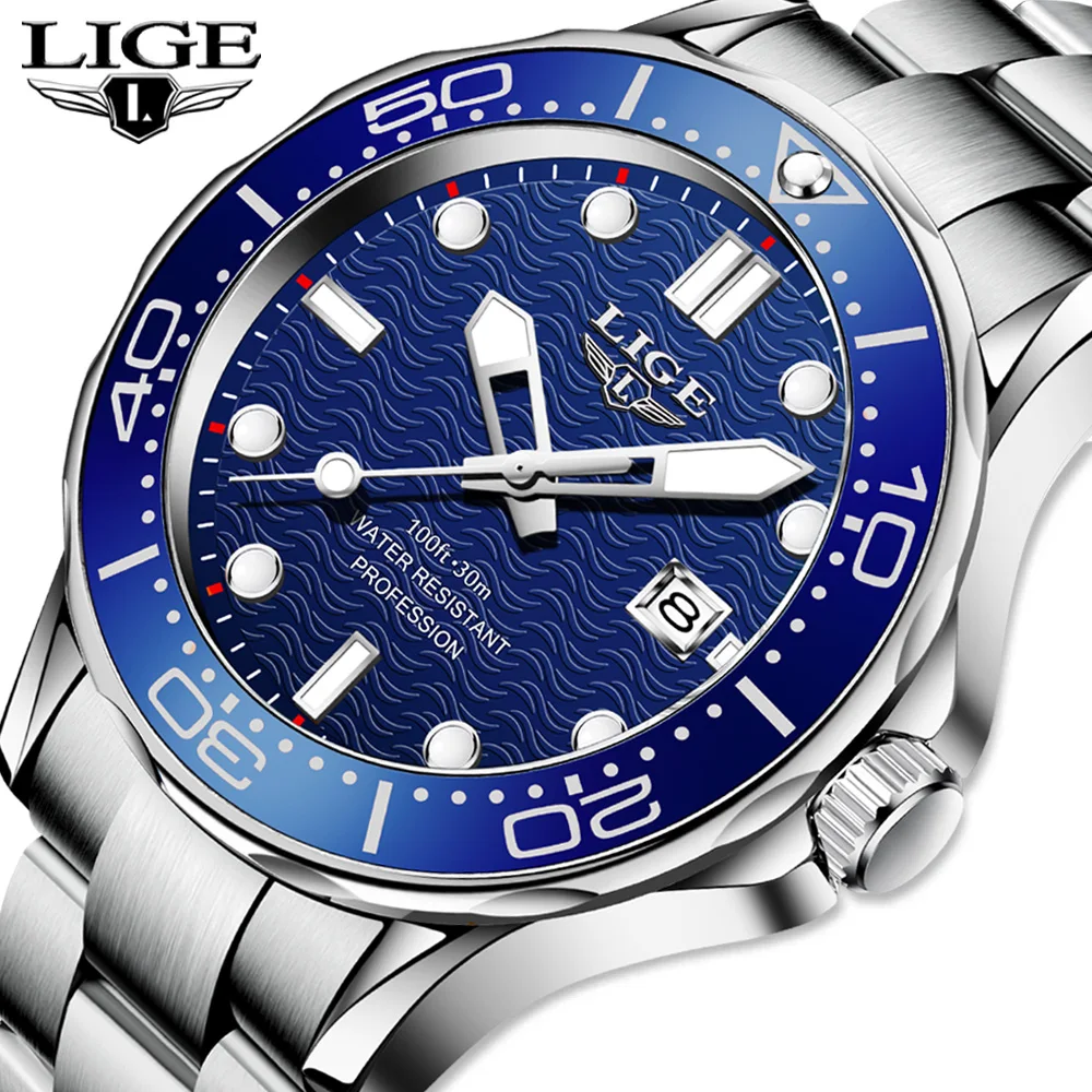 LIGE 3ATM Man Wristwatch Sports Waterproof Quartz Watch for Men Luminous Date Top Brand Stainless Steel Mens Watches Male Clock