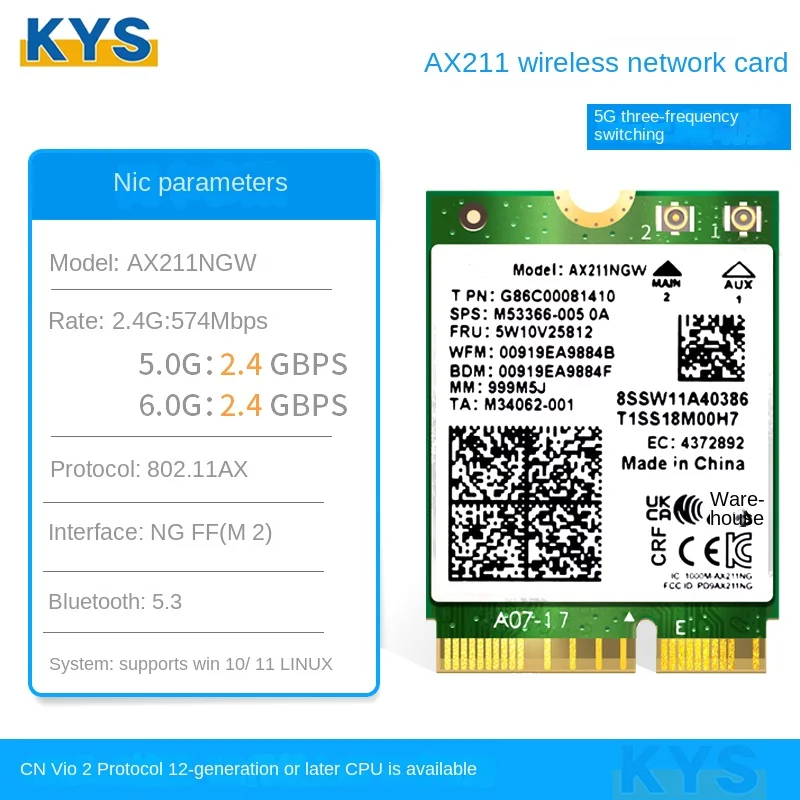 WiFi6E For Intel AX211 M.2 Key E CNVio2 Wifi Card Dual Band 5374Mbps Wireless Bluetooth 5.2 2.4G/5G/6G 802.11ac/ax support win11