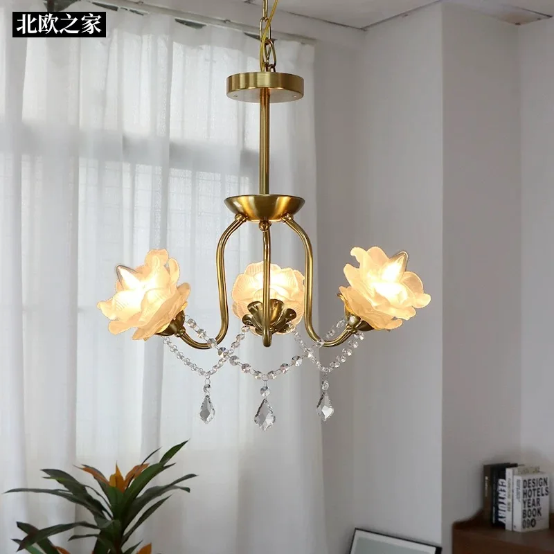 style bedroom pendant light iron copper color, medieval living room, dining room, light luxury crystal rose flower light