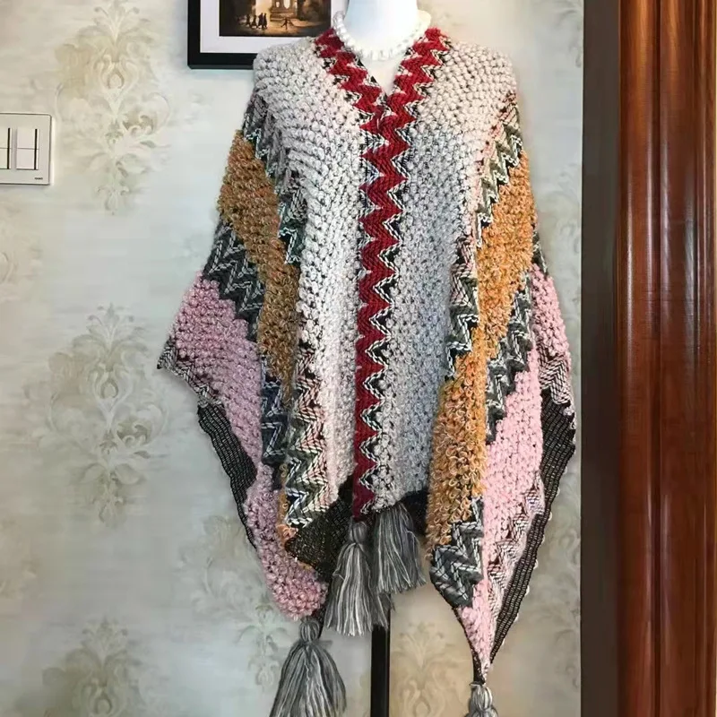 2022 Winter Women Knitted Poncho Shawl Bohe Style Warm Cardigan Capes Ethnic Geometric Fringed Shawls Mohair Pashmina Wool Scarf