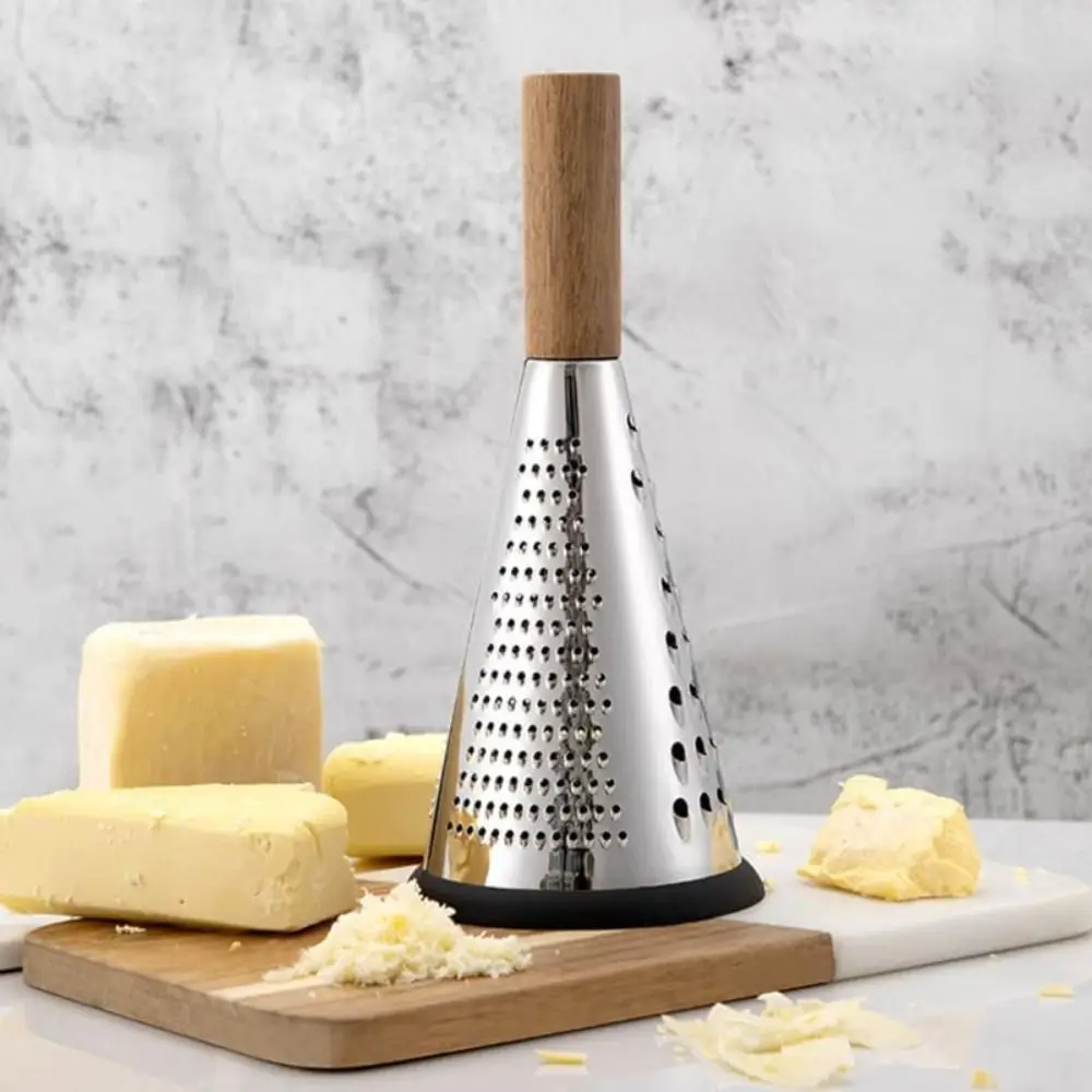 Stainless Steel Cone Cheese Grater Triple Function Wood Handle Parmesan Shaver Non-Slip Bottom Handheld Vegetables Cheese Grater