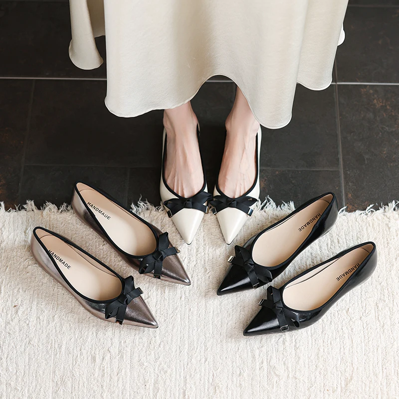2026 spring autumn women pumps natural leather plus size 22-26cm split leather+sheepskin pointed toe butterfly-knot women shoes