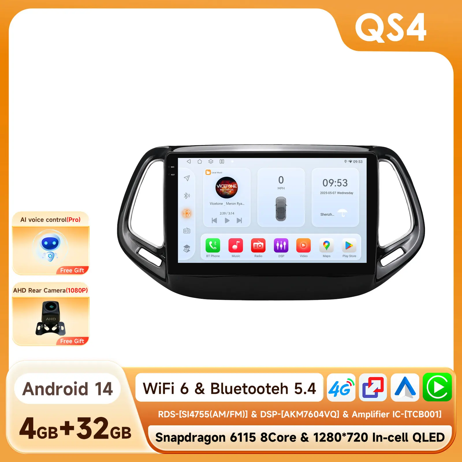 Draadloze CarPlay Android Auto autoradio voor Jeep Compass 2017 - 2020 GPS Intelligent Systems Stereo Multimedia Autoradio 4G 6115