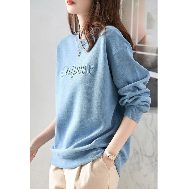 Sudadera de felpa con bordado de letras para mujer, ropa de calle informal Simple, Tops sueltos de manga larga a la moda, Otoño e Invierno