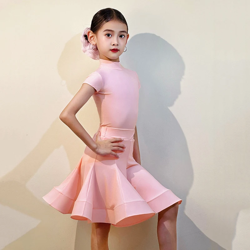 Nieuwe Professionele Latin Dans Jurk Meisjes Zomer Latin Competitie Pak Kinderen Korte Mouw Dansvoorstelling Kostuum Roze VBH1884