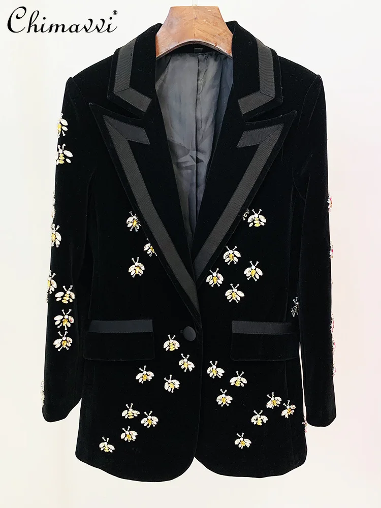 

2024 Autumn Winter New Fashion Exquisite Rhinestone Beaded Velvet Suit Jacket Slim-Fit Commute Long Sleeve Elegant Black Blazers