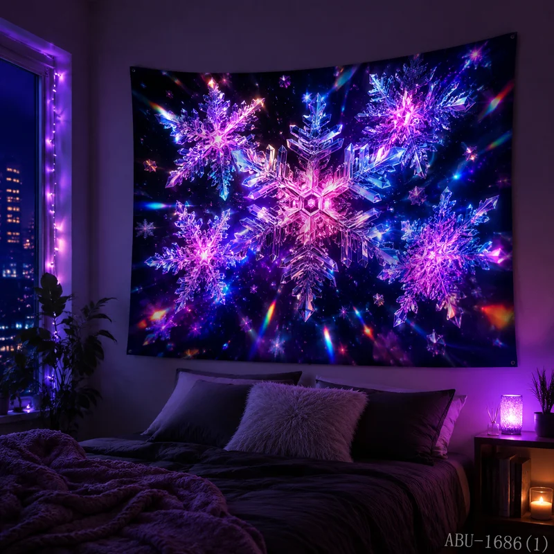 VIKAMA Neon Blue Purple Crystal Cave Snowflake Icicle River Glow Fantasy Winter Art Christmas Tapestry Wall Hanging Bedroom Soft