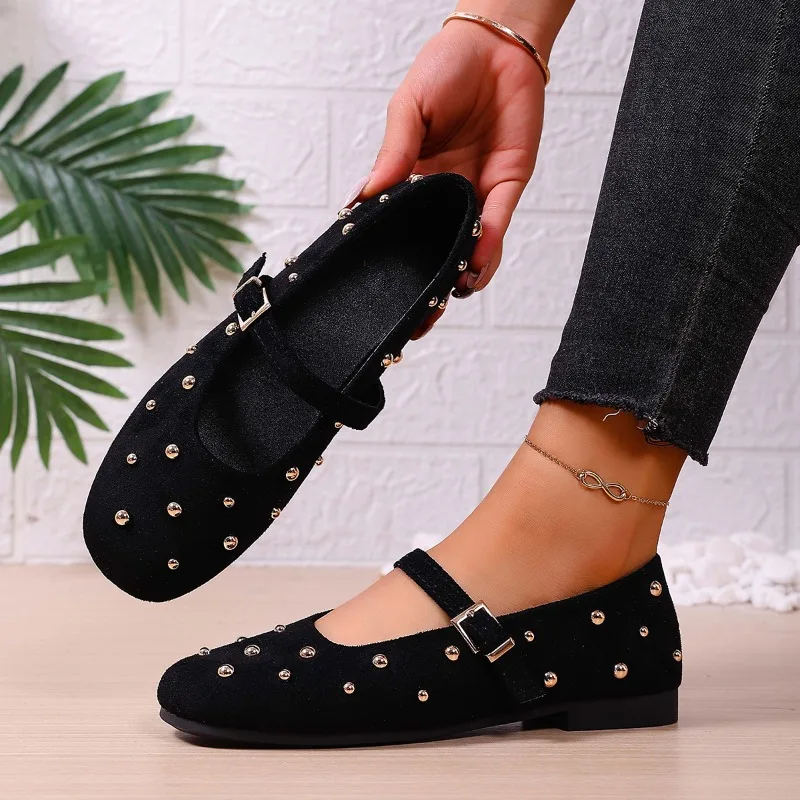 موضة لينة وحيد مشبك واحد حزام حذا فردي للسيدات 2025 جديد خمر حجر الراين جولة تو شقة ماري جين الأحذية