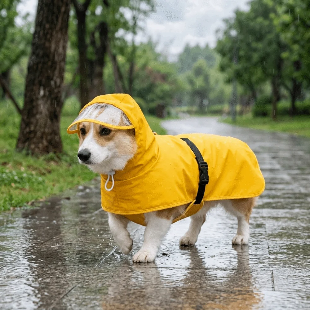 Water Repellent Fabric Dog Rain Poncho Hooded Cut Adjustable Belly Strap Waterproof Pet Cloak Multi Size Range