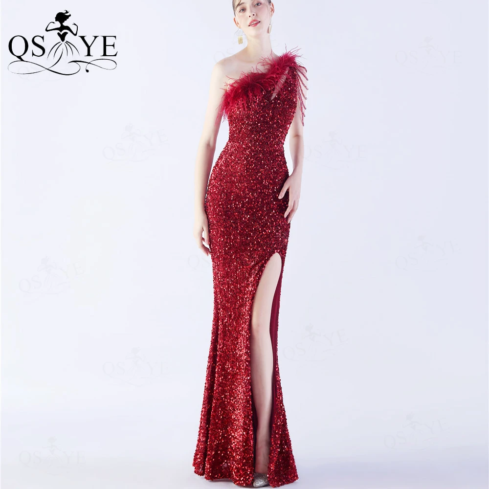 Sequin Red Evening Dresses Ostrich Hair Beading One Shoulder Mermaid Prom Gown Colorful Sequin Lace Split Party Celebrity Dress