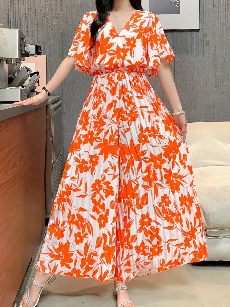 

Новинка 2026 года, летний женский сексуальный комбинезон с v-образным вырезом и рукавами-долманами на талии, тонкий плиссированный комбинезон с принтом, широкие брюки, комбинезон