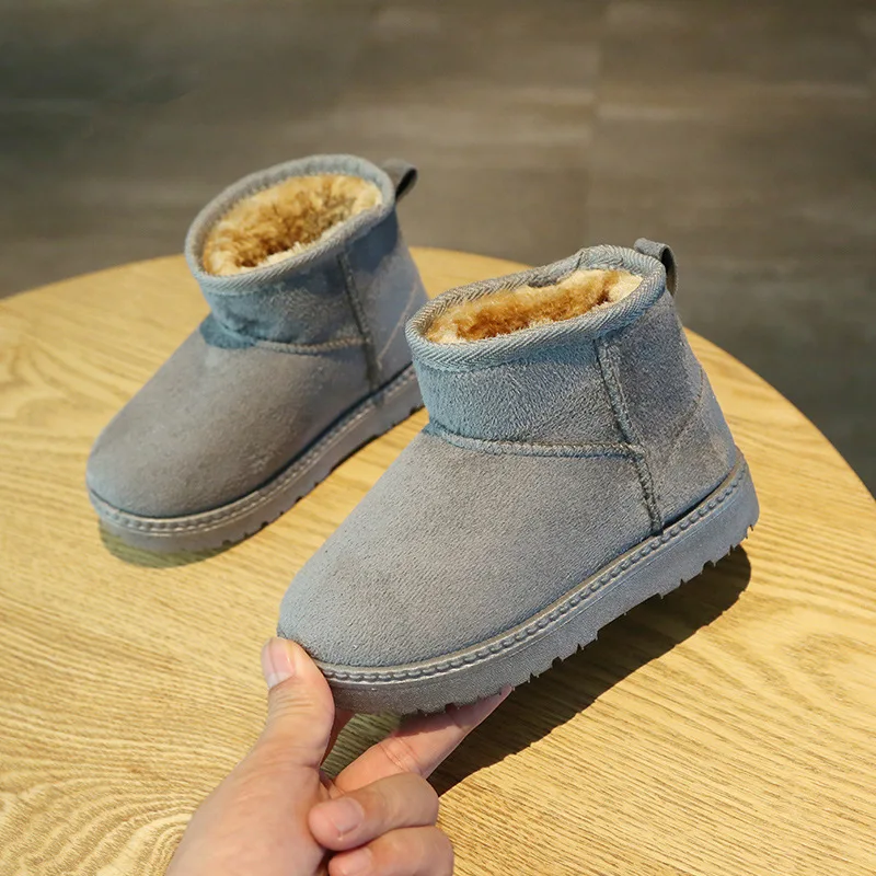 Kids Snow Boots Winter Solid Color Fashion Non-slip Cotton Boots Boys Girls Warm Plush Ankle Boots Casual Suede Children Shoes