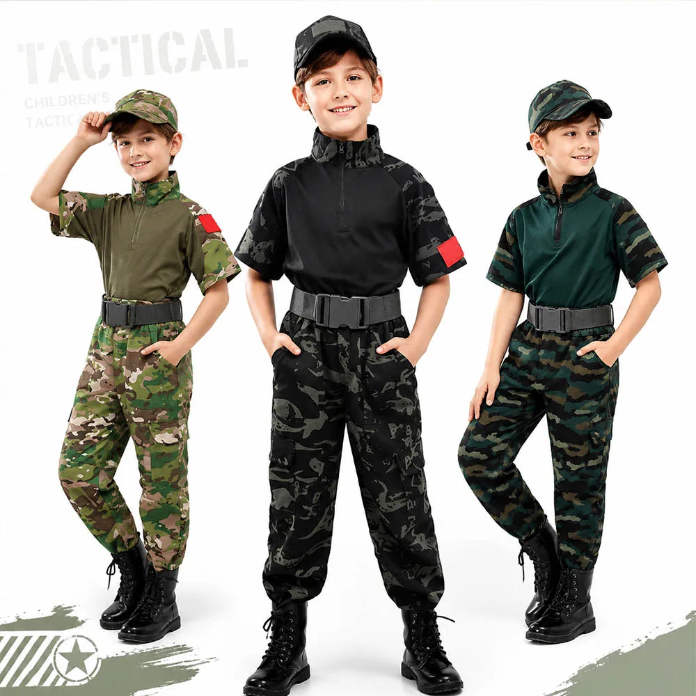 Kids Camouflage Tactical Frog Suit  Short Sleeve T-shirt Cargo Pants with Belt Durable Military Training Uniform Outdoor Clothes