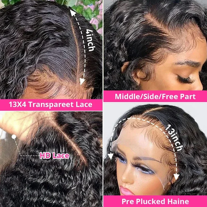 Deep Wave 13x4  Lace Front Human Hair 250 Density 30 40 Inch Curly Glueless 13x6 HD Transparent Lace Frontal Wigs For Women