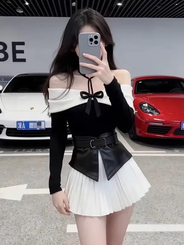 

Autumn Winter High-End One-Shoulder Knot PU Leather Patchwork Split Top Skirt Two-Piece Set Women's Fashion Ensemble