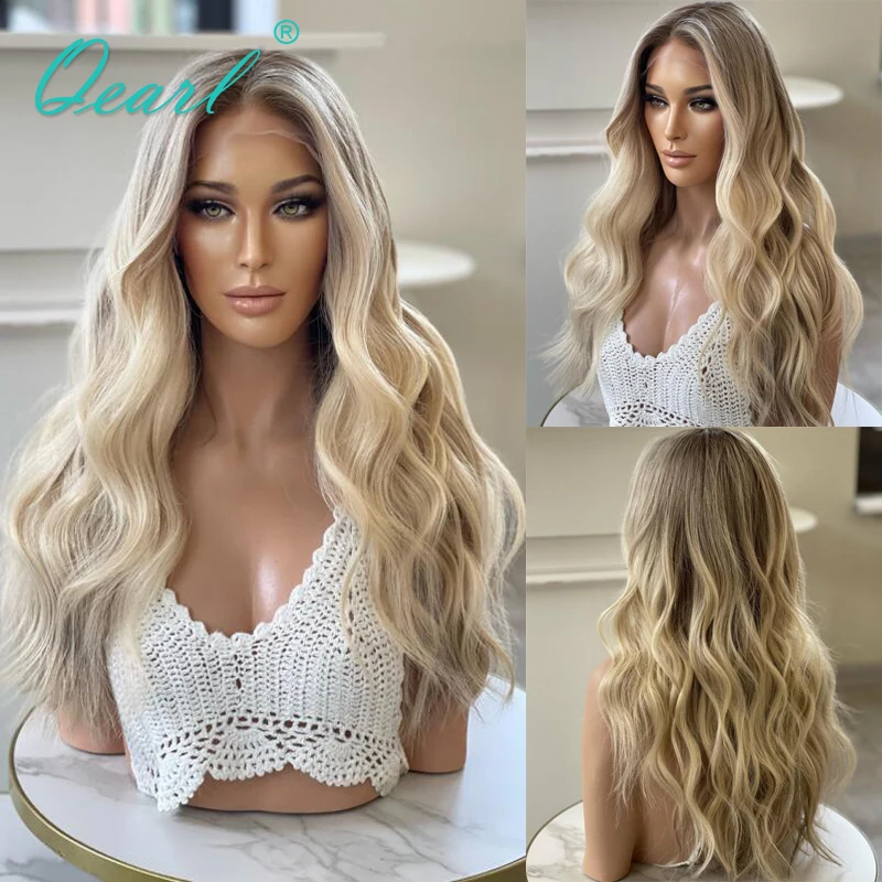 

Full Lace Loose Water Wave Human Hair Wigs for Women Ash Blonde Ombre Honey Colored 13x6 Lace Frontal Wig 30inchs Glueless QEarl