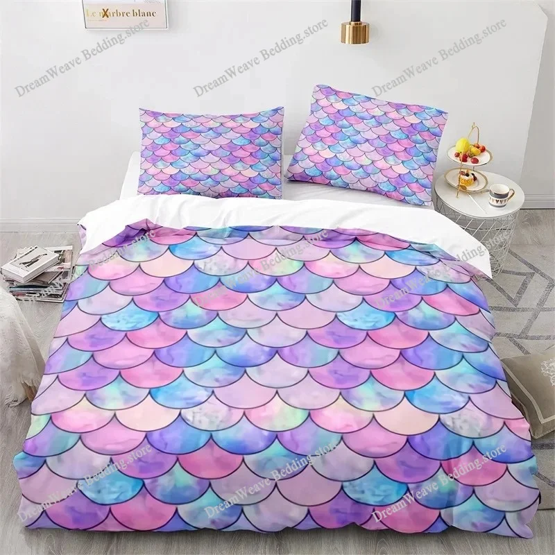 

Colorful Fish Scales Bedding Set Twin King for Boys Girl Blue Pink Mermaid Skin Surface Print Duvet Cover Polyester Quilt Cover