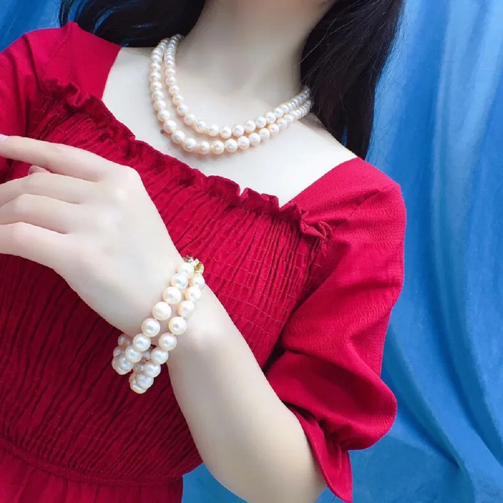 

2 Rows - Natural Necklace AAA9-10mm South Sea Round Pearl Necklace 18-20inch+2 Rows - Bracelet 7.5-8inch 925s Set