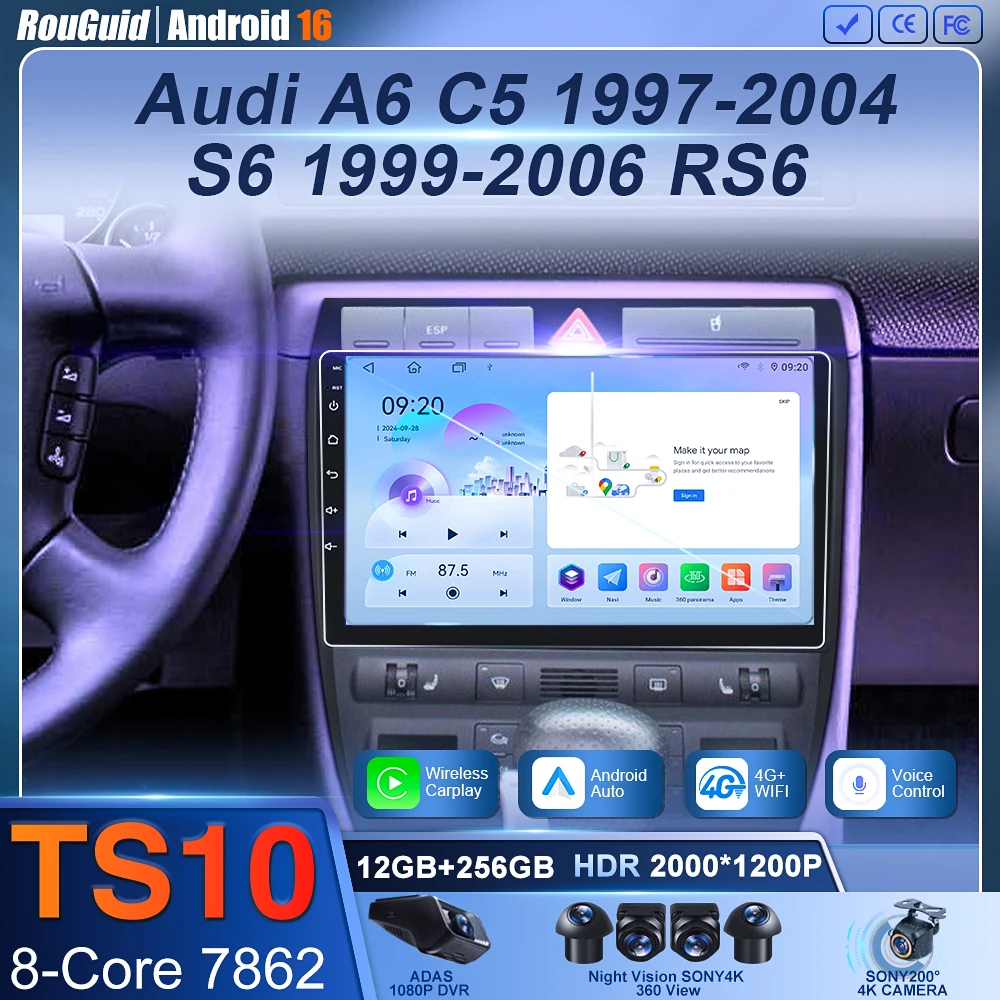 

Android 16 For Audi A6 C5 1997-2006 S6 RS6 Car Radio 2 Din Multimedia WIFI Carplay QLED Headunit Audio Stereo Auto DVD
