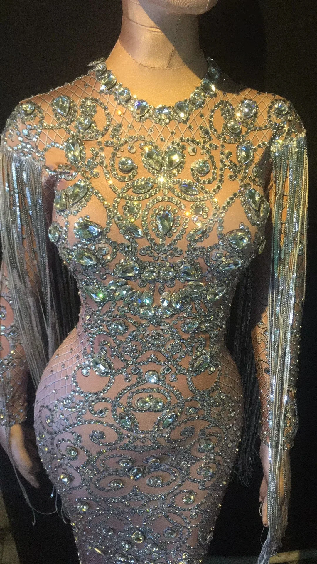 Kristallen Lange Kwast Party Bodycon Jurk Vrouwen Lange Mouwen Prom Bruiloft Vloerlengte Strass Jurk Zanger Stadium Jurk