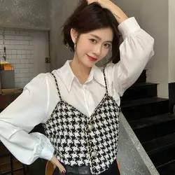 Camisole Houndstooth Vest Vintage Blusas Mujer De Moda 2024 Spring White Chiffon Shirt Women 2 Piece Sets Tops Blouse