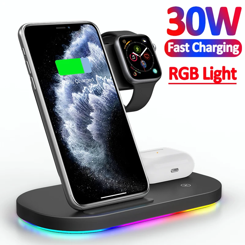 4 In1 Wireless Charger Stand For iPhone 14 13 Pro Max Apple Watch 8 7 Samsung 5/4 Active 2/1 Buds 30W Fast Charging Dock Station