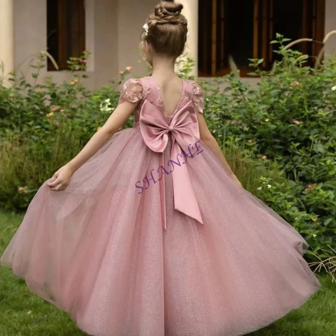 رشيقة الفتيات الكاحل طول الدانتيل فستان الأميرة مع القوس جولة الرقبة قصيرة الأكمام الزفاف زهرة فتاة فستان مخصص الاسمية مخصصة #1