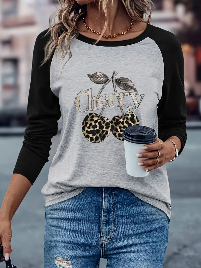 Trendy Cherry Print Casual Long Sleeve T-shirt 90s Y2k Winter Autumn Graphic Long Sleeved Comfortable T Shirt Women