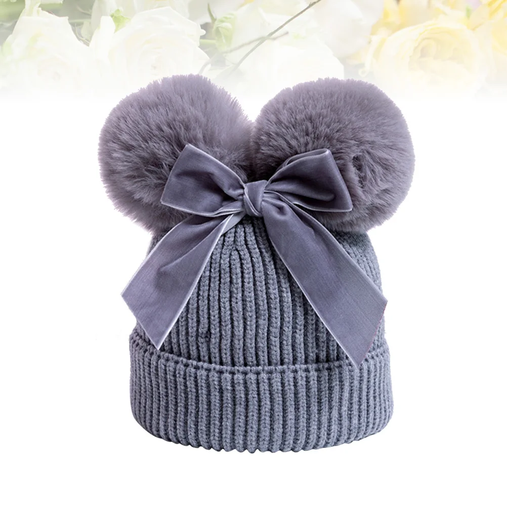 

Children's Bow Knit Hat Hats for Toddlers Kids Baby Warm Cap Knitted Beanie with Two Pompoms Yarn Girls Newborn