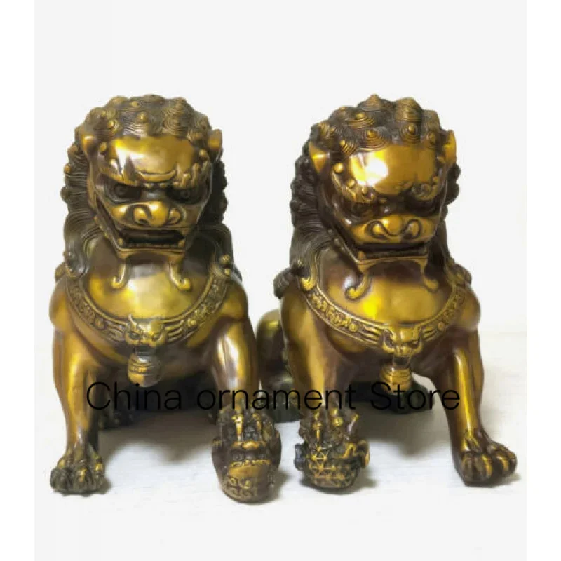 8 Inch Auspicius Pair of Old Bronze Lion Foo Dog Statue Feng Shui Fortune Lion Statue