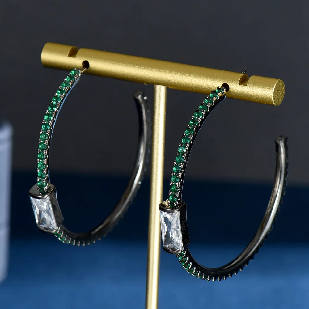 

HIBRIDE New Trendy Black and Green AAA Cubic Zirconia Big Round Circle Hoop Earrings for Women Bridal Party Jewelry E-1074