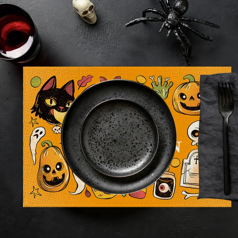 Halloween Printed Placemat, Pumpkin Bat Pattern Linen Look Heat Resistant Table Mat, Holiday Dinner Table Decor Halloween Party