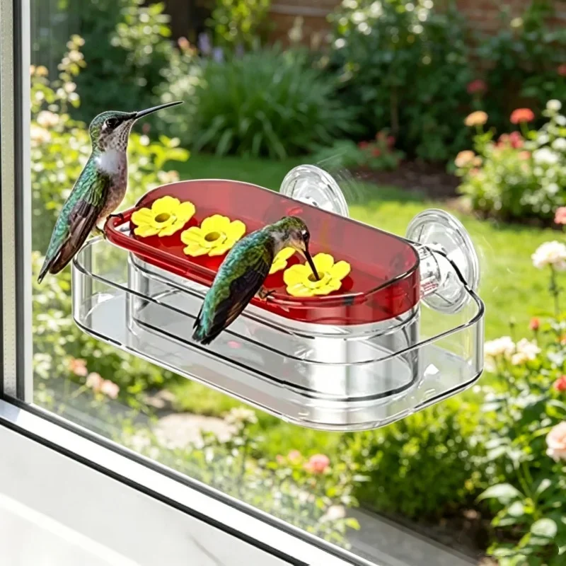 Bebedero para Colibríes con Ventosas Fuertes, 4 Puertos de Alimentación, Montaje en Ventana, Botella para Beber Agua para Pájaros, Bebedero Colgante para Jardín Exterior
