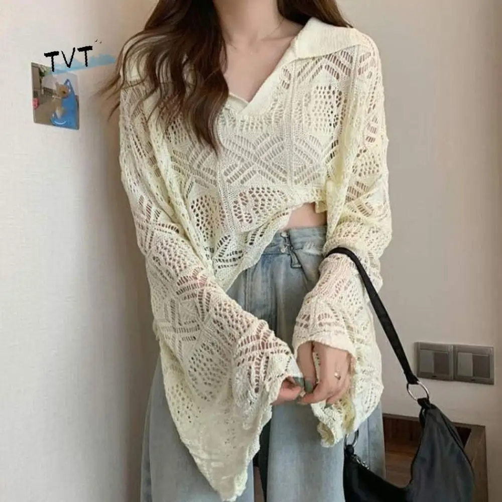 

Simple V-neck Hollow Out Knit T-shirt Loose Korean Style Crochet Knitwear Beachwear Long Sleeve Cover Up Crop Top Girl