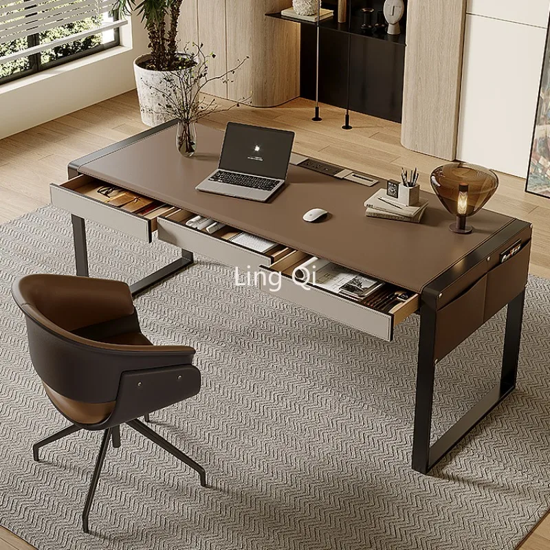 Writing Desk Study Saddle Skin Upscale Designer Computer Walnut Veneer Luxury Retro Solid Wood Modern Home Corner Living Room