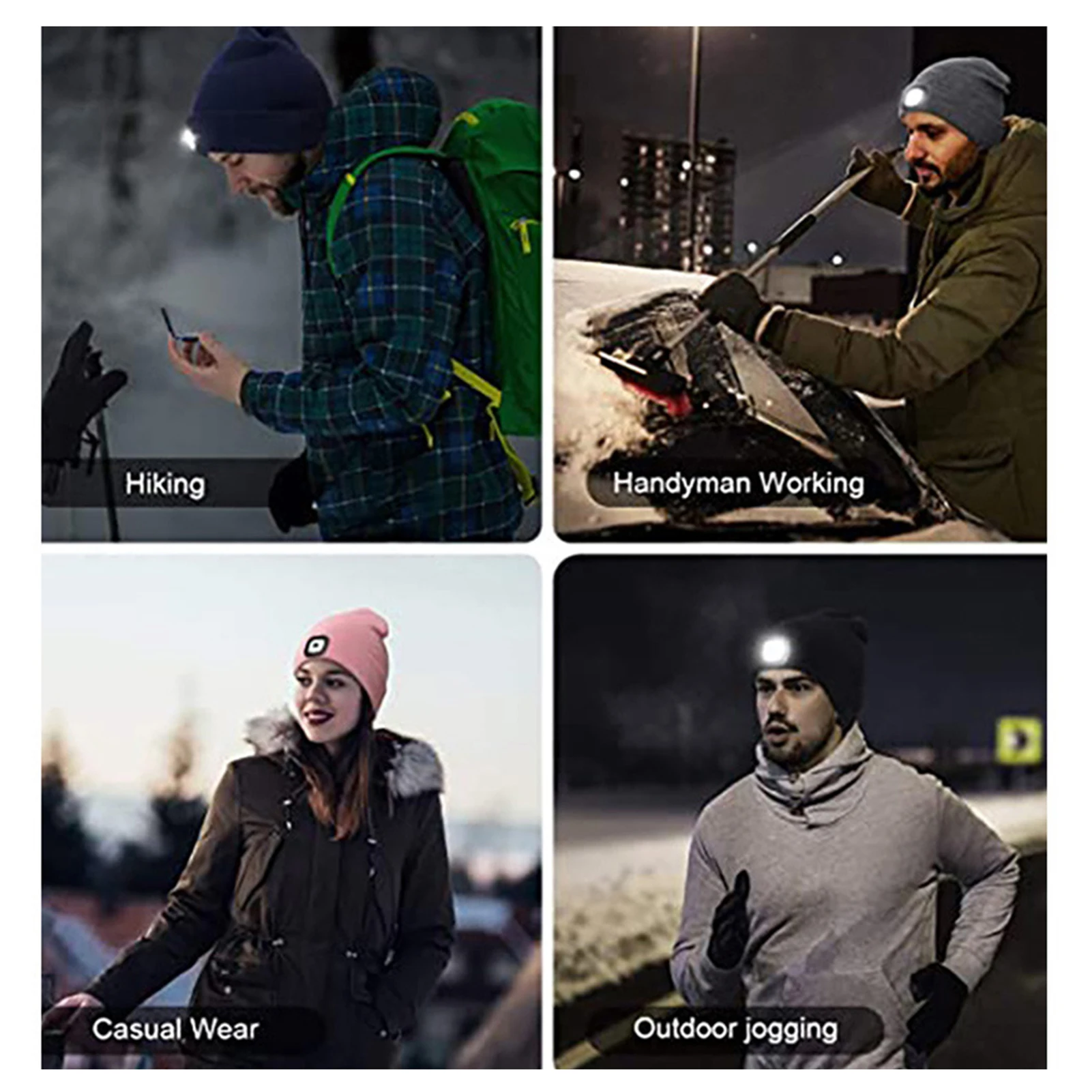 قبعة محبوكة سوداء للجري الليلي وركوب الدراجات مع ضوء LED للجنسين قبعة حرارية شتوية للمصابيح الأمامية للعمل في الهواء الطلق